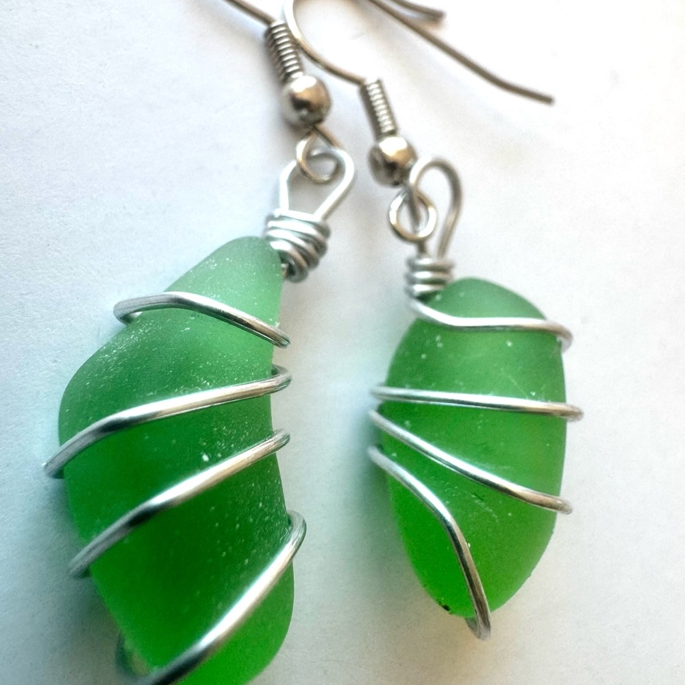 Silver Wrapped Green Sea Glass Earrings - Picture 4 of 4